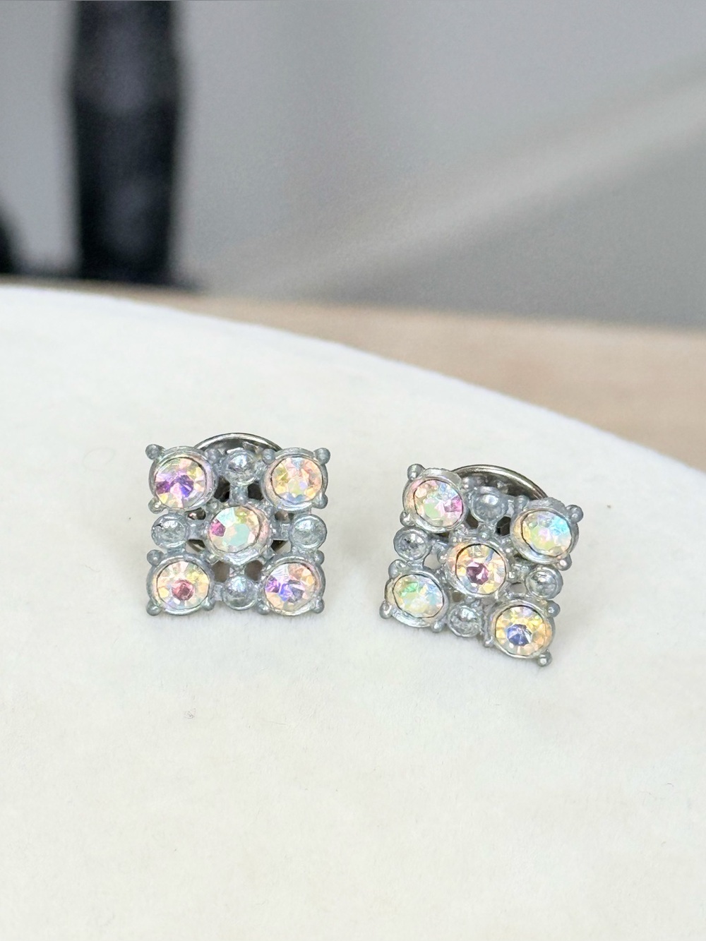 Vintage AB Rhinestone Lapel Pins Pair Silver Tone Square Cluster Brooch Set
